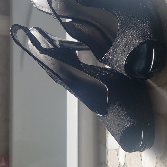 Black Shimmery Open Toe Sling Back Heels - Picture 2 of 5